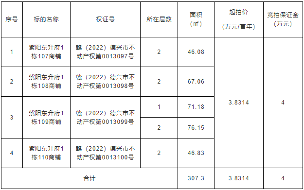 德興市紫陽東升府1棟107、108、109、110的二層及109的一層共5間商鋪整體招租（5年） 拍賣公告